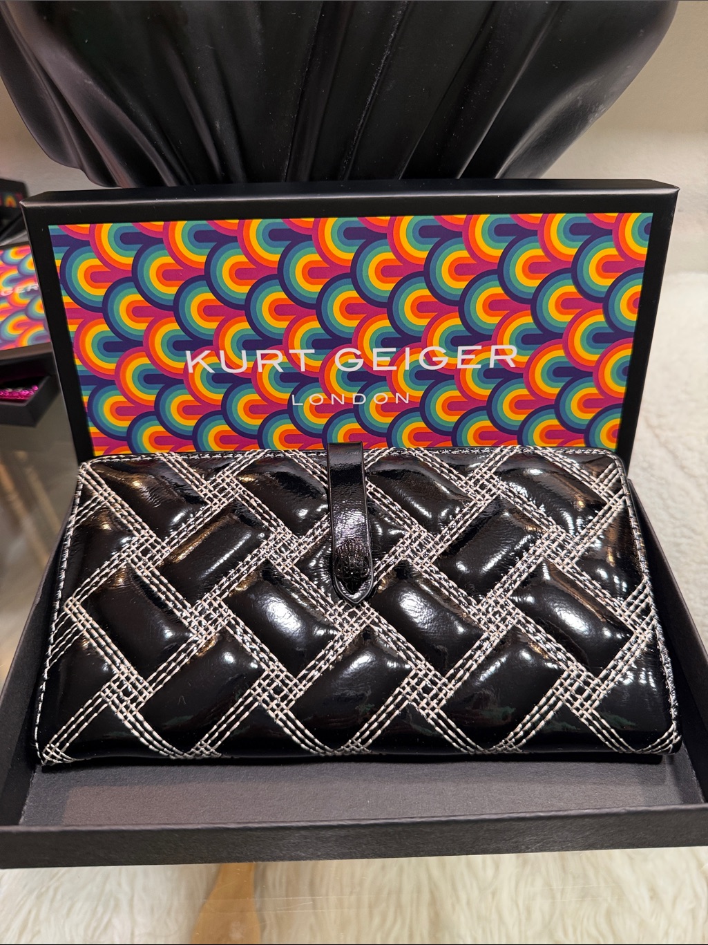 Kurt Geiger Black Quilted Patent Wallet With White Stitching Nwb